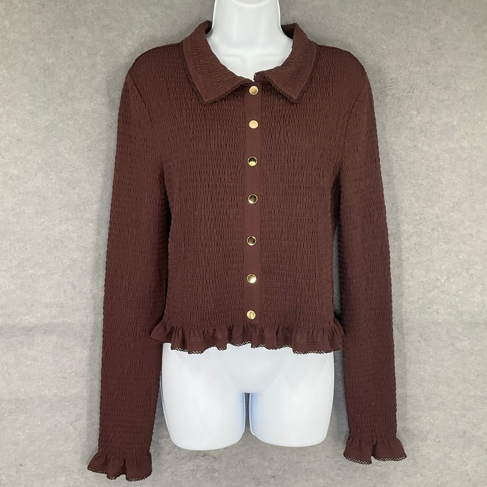 Vintage Christian Lacroix Smocked Button‎ Top Chocolate Brown Ruffle Lace Trim